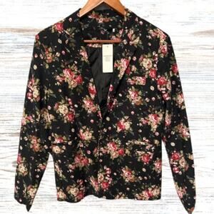 MYMSTORM Men's Black Long Sleeve Floral Lined Blazer with Shoulder Pads Size L